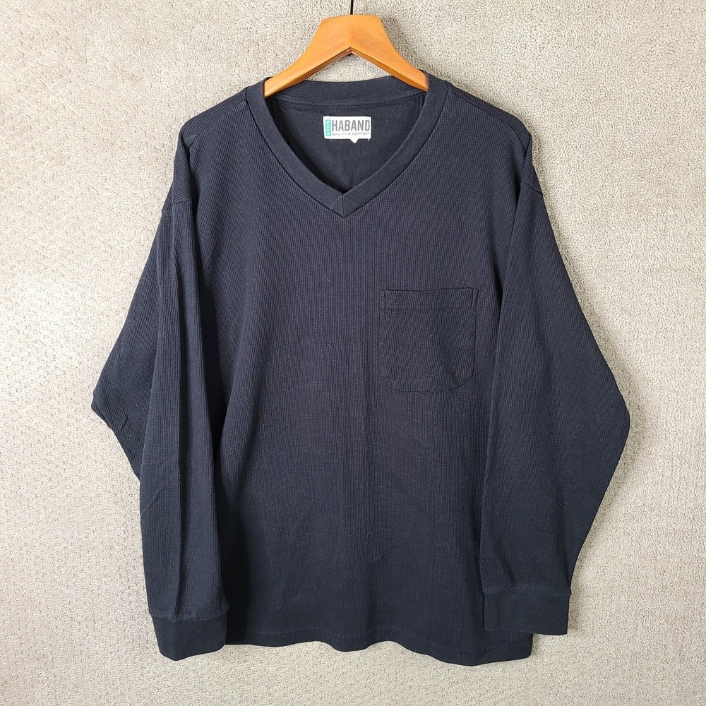 Haband Shirt Mens XXL 2XL Black‎ Thermal Waffle Knit V-Neck Pocket Long Sleeve